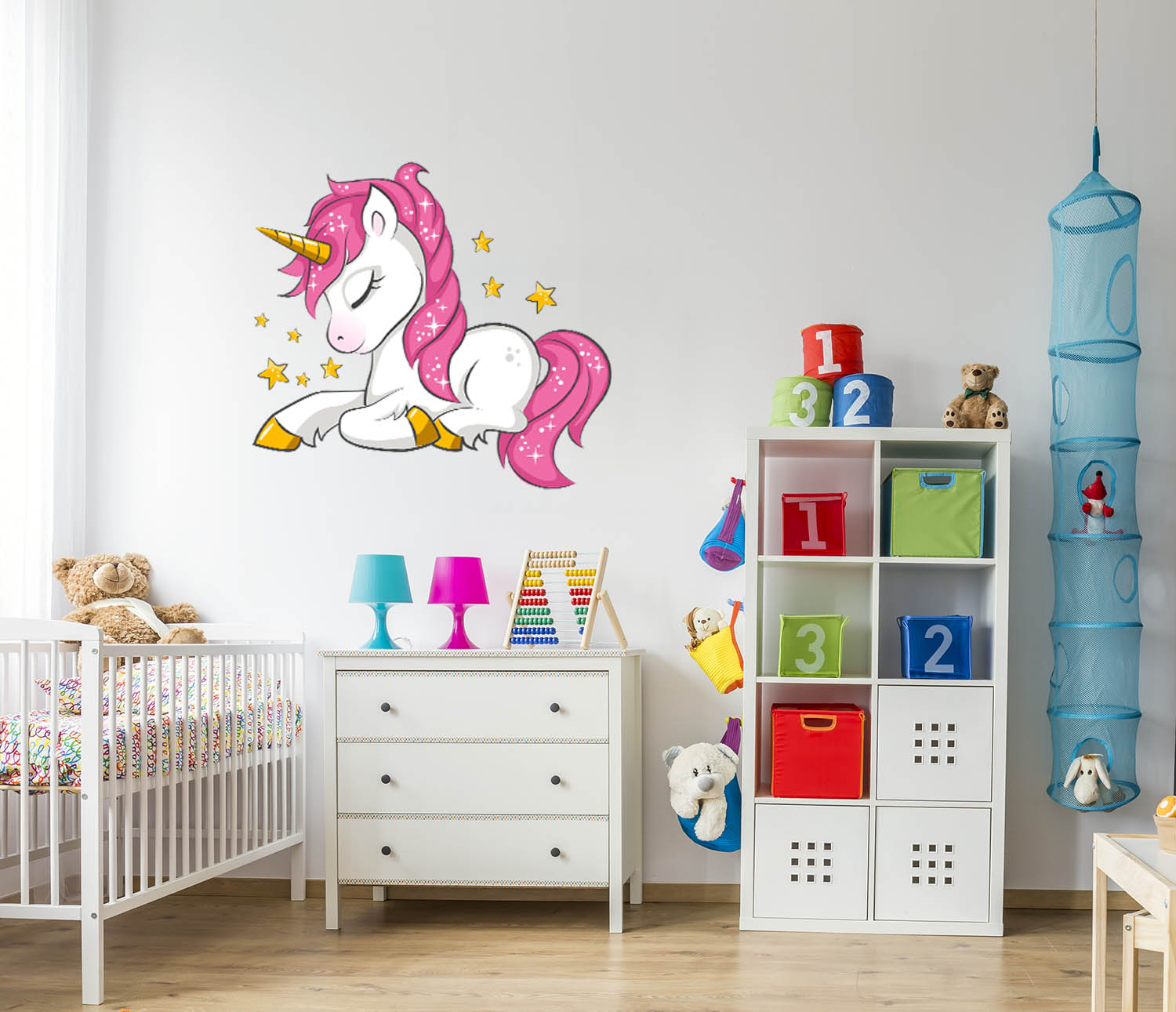 Sleeping Pink Maned UniCorn with 8 separate stars, Wall Decal Sticker, Removable with NO wall Damage!