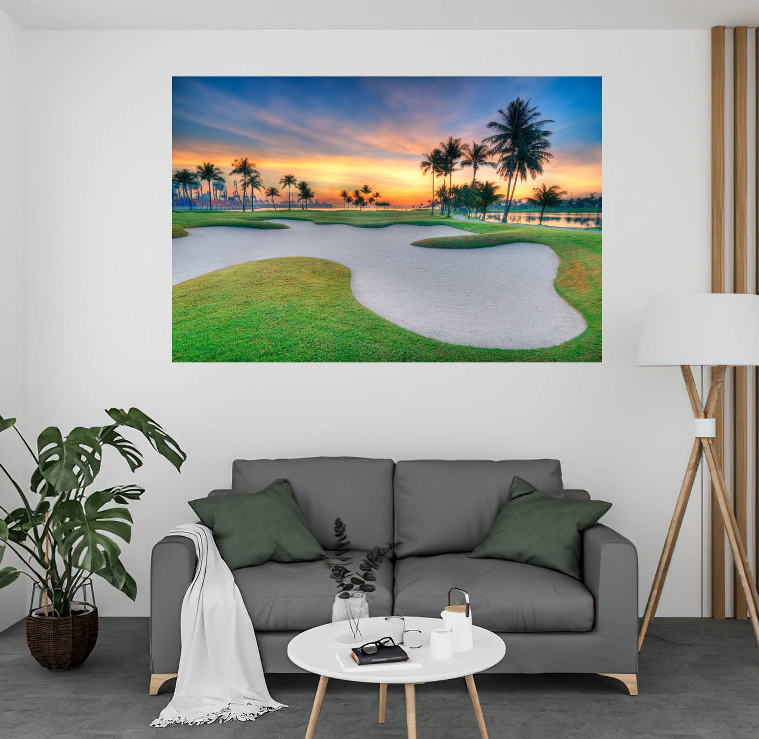 Gold Sand Trap and Sunset, Golf Wall Decals, Peel-and-Stick, Golf Course Wallpaper for Indoor Golf & Simulator Rooms G002