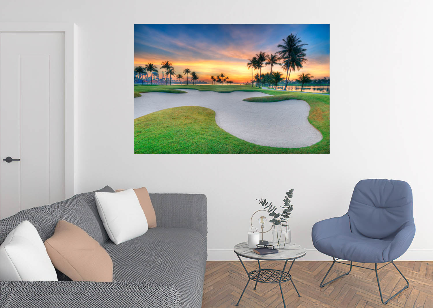 Gold Sand Trap and Sunset, Golf Wall Decals, Peel-and-Stick, Golf Course Wallpaper for Indoor Golf & Simulator Rooms G002