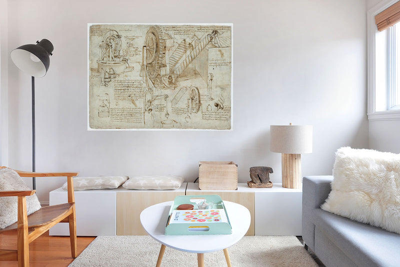 Leonardo da Vinci Drawing, Wall Decal Sticker Wallpaper, Water Lifting Devices - by Leonardo da Vinci