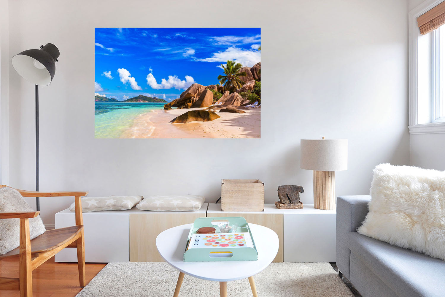 Beach Palm and Round Rocks Turquoise Water, Wallpaper, Peel-N-Stick and Removes Easily Anytime 002