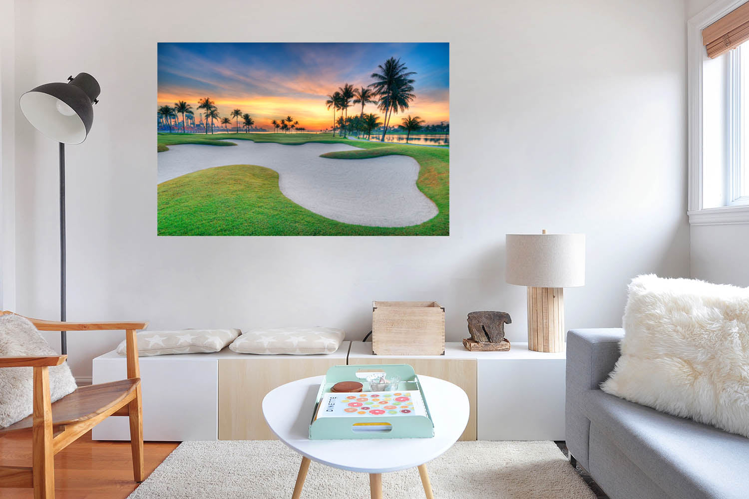 Gold Sand Trap and Sunset, Golf Wall Decals, Peel-and-Stick, Golf Course Wallpaper for Indoor Golf & Simulator Rooms G002