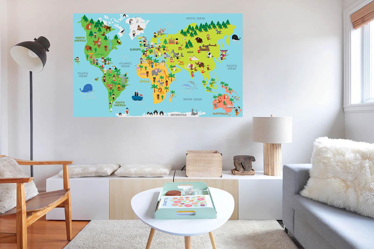 Childrens World Map, Wall Decal, Sticker, Wallpaper, PEEL-N-STICK, removable anytime. Great for a classroom - CoolWalls.ca