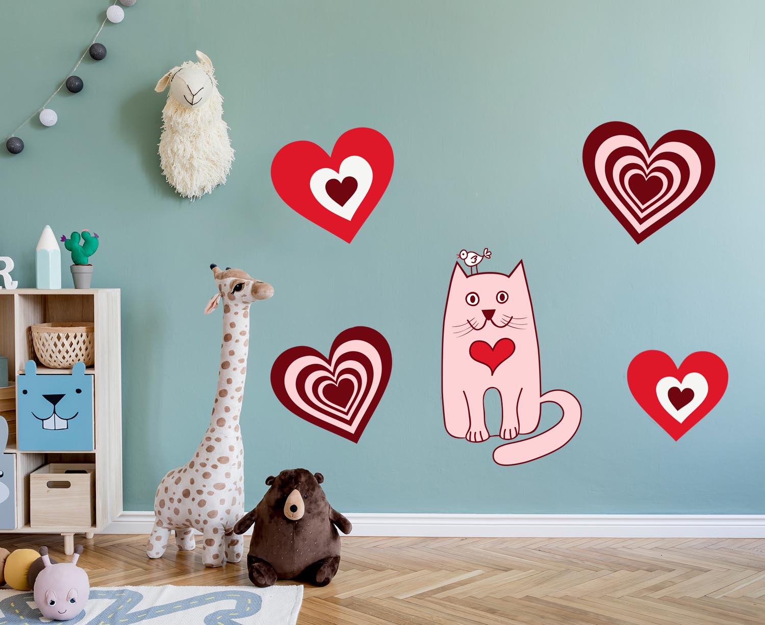 Adorable Pink Kitty with hearts Wall, Wall Decal Sticker, Removable, 5 Separate decals