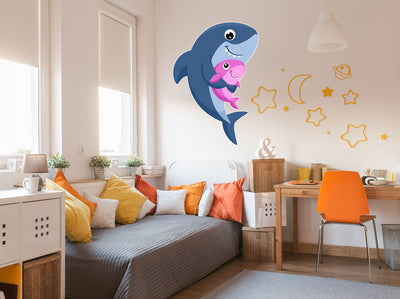 Cartoon Shark with Baby wall decal for Kid's room, Peel-N-Stick Removable and adorable