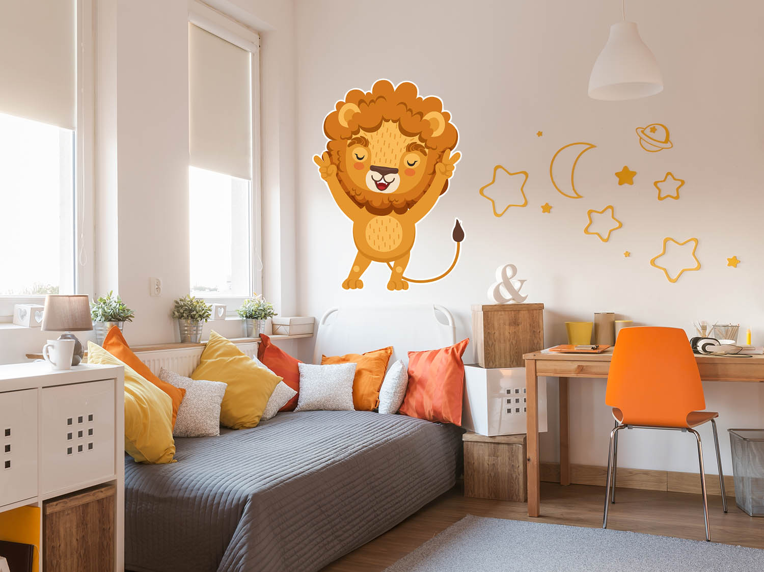 Animated Lion, Arms Up, Wall Decal Sticker, Removable, Soft Fabric Decal
