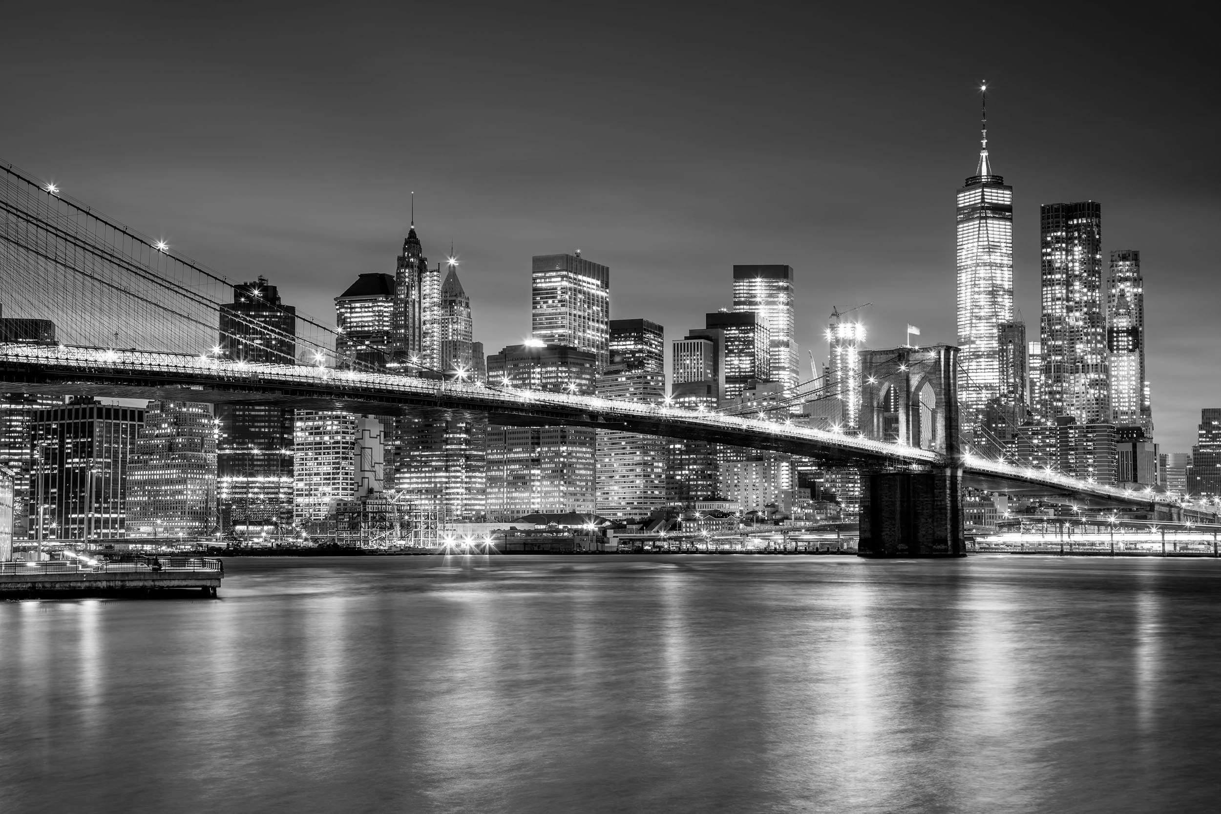 B&W Brooklyn Bridge with NYC in Background