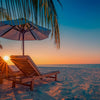 Beach Chairs under Palm Tree Sunset on Beach, Wallpaper, Peel-N-Stick and Removes Easily Anytime