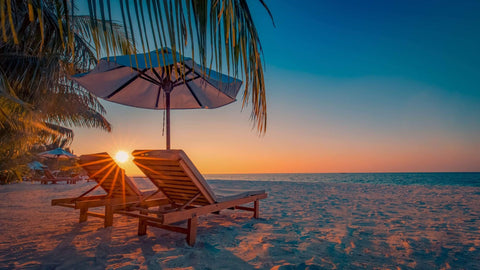 Beach Chairs under Palm Tree Sunset on Beach, Wallpaper, Peel-N-Stick ...