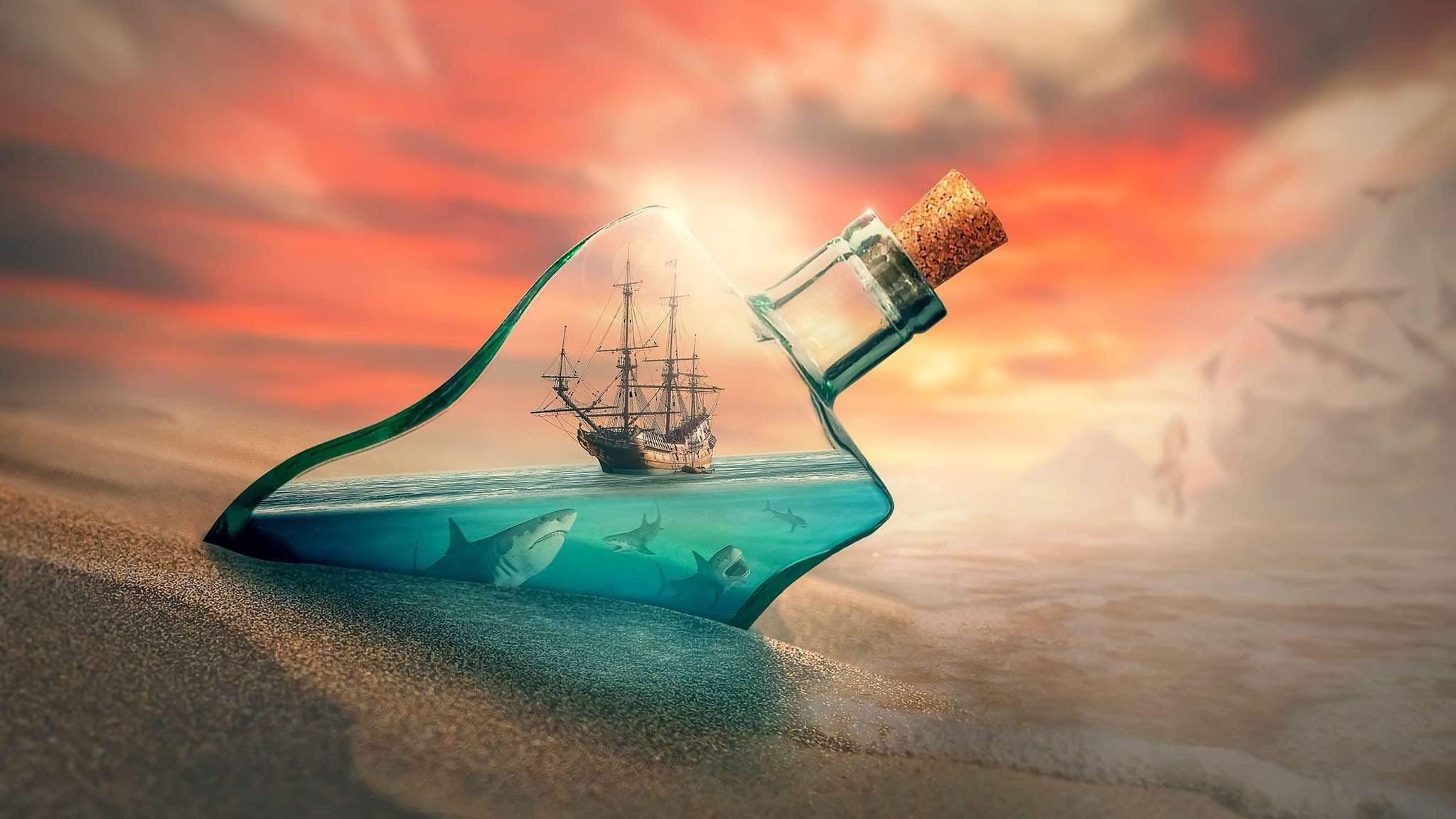 Beach with Ship Trapped in Bottle,  Wallpaper, Peel-N-Stick and Removes Easily Anytime