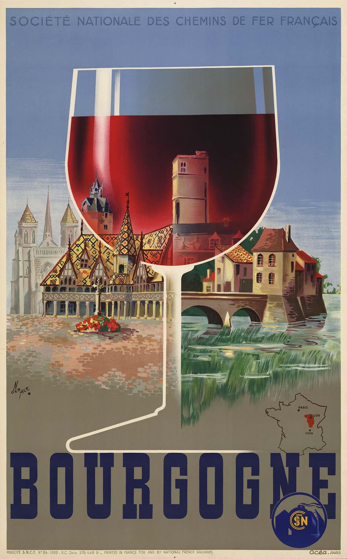 CoolWalls.ca diecut 20" x 32.1" Inches Bourgogne SNCF from 1939 Wine Poster, Wall Decal Sticker Wallpaper, PEEL-N-STICK, removable anytime. Great for a classroom