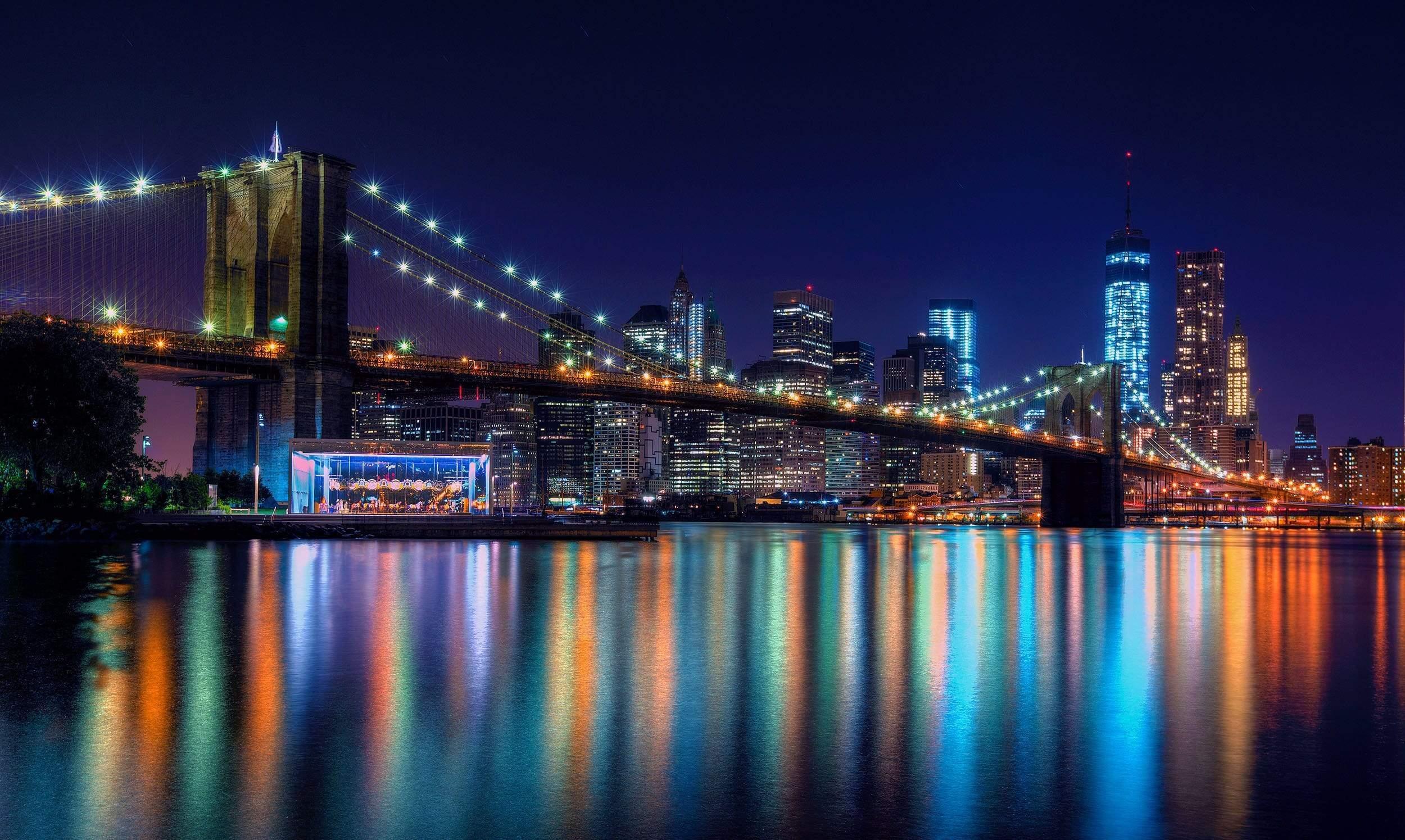 Brooklyn Bridge at Night Overlooking Park Wallpaper, Peel-N-Stick and Removes Easily Anytime