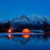 Camping with Fire in Front of Blue Mountains Wall Mural, Wallpaper, Peel-N-Stick and Removes Easily Anytime