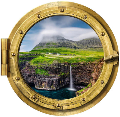 Costal Waterfall with Lush Green Fields #008, Window Portal, removable Decal, Sticker