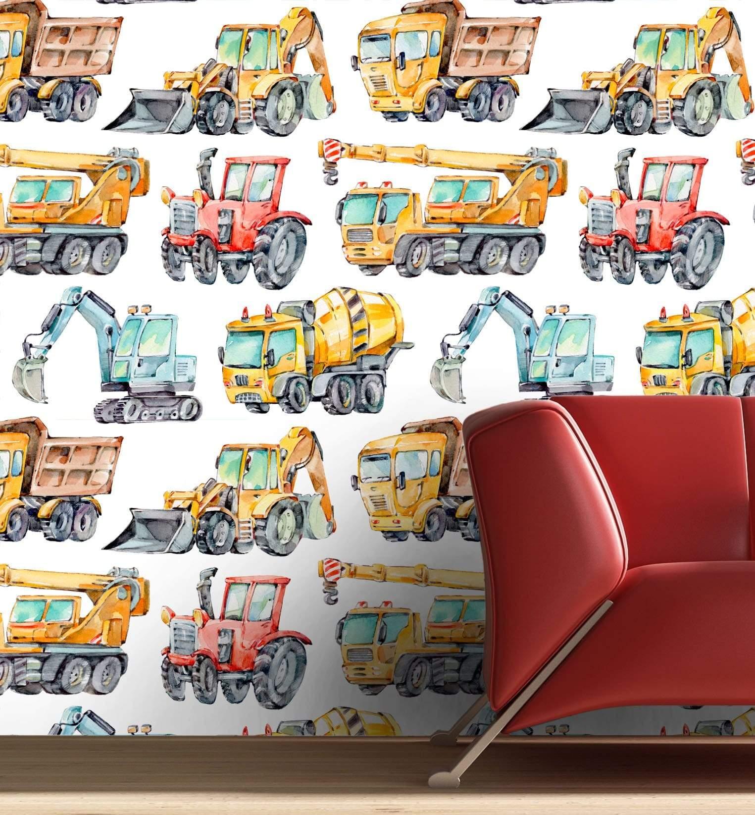 Large Watercolor Construction Trucks Removable Wallpaper in 28" Rolls