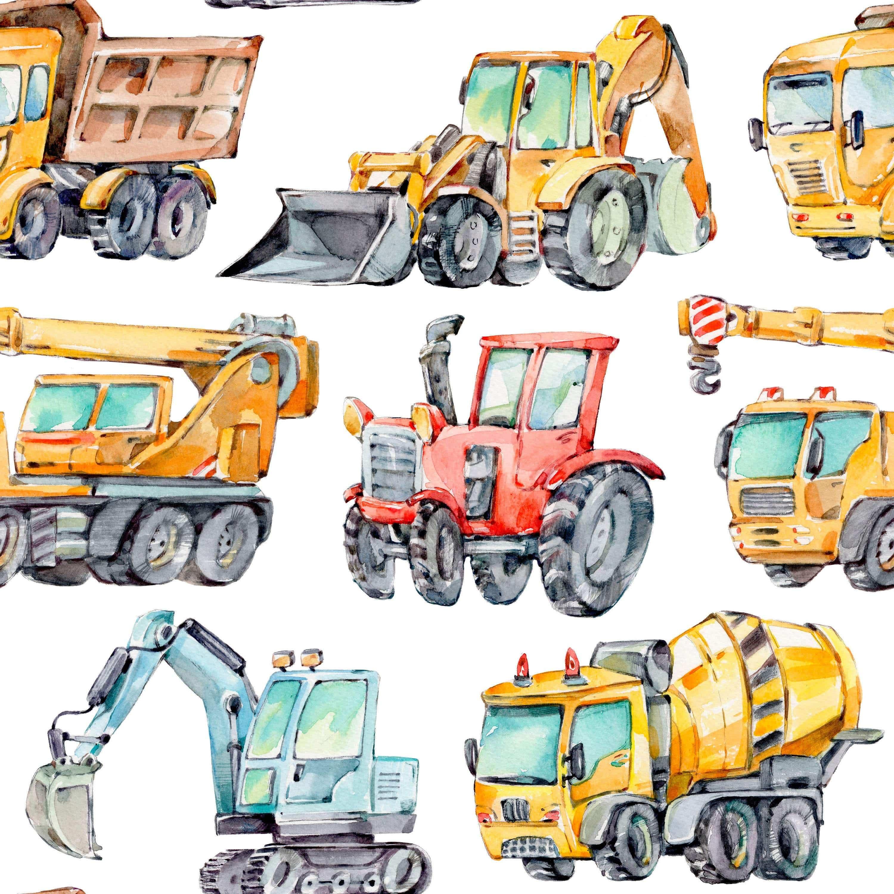 Large Watercolor Construction Trucks Removable Wallpaper in 28" Rolls
