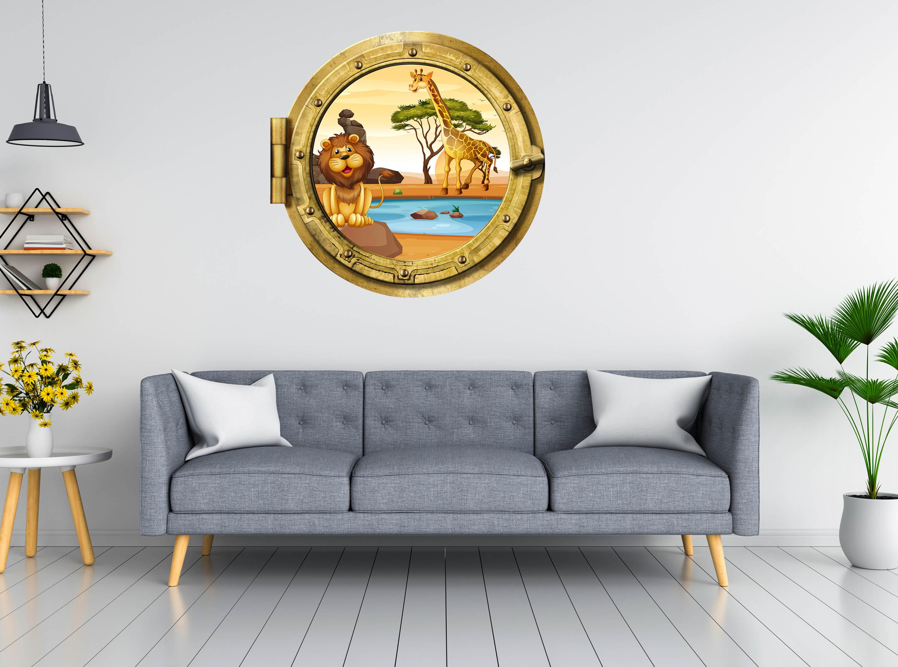 Lion and Giraffe at Waterhole #004, Window Decal, removable Decal