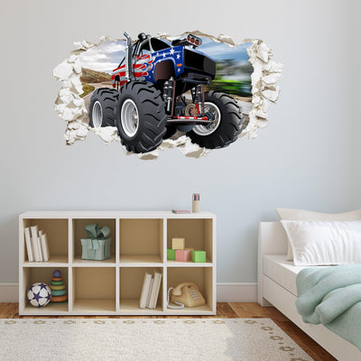 Monster Truck 3D Plaster Wall Hole with American flag, Wall Decal Sticker, Removable 002