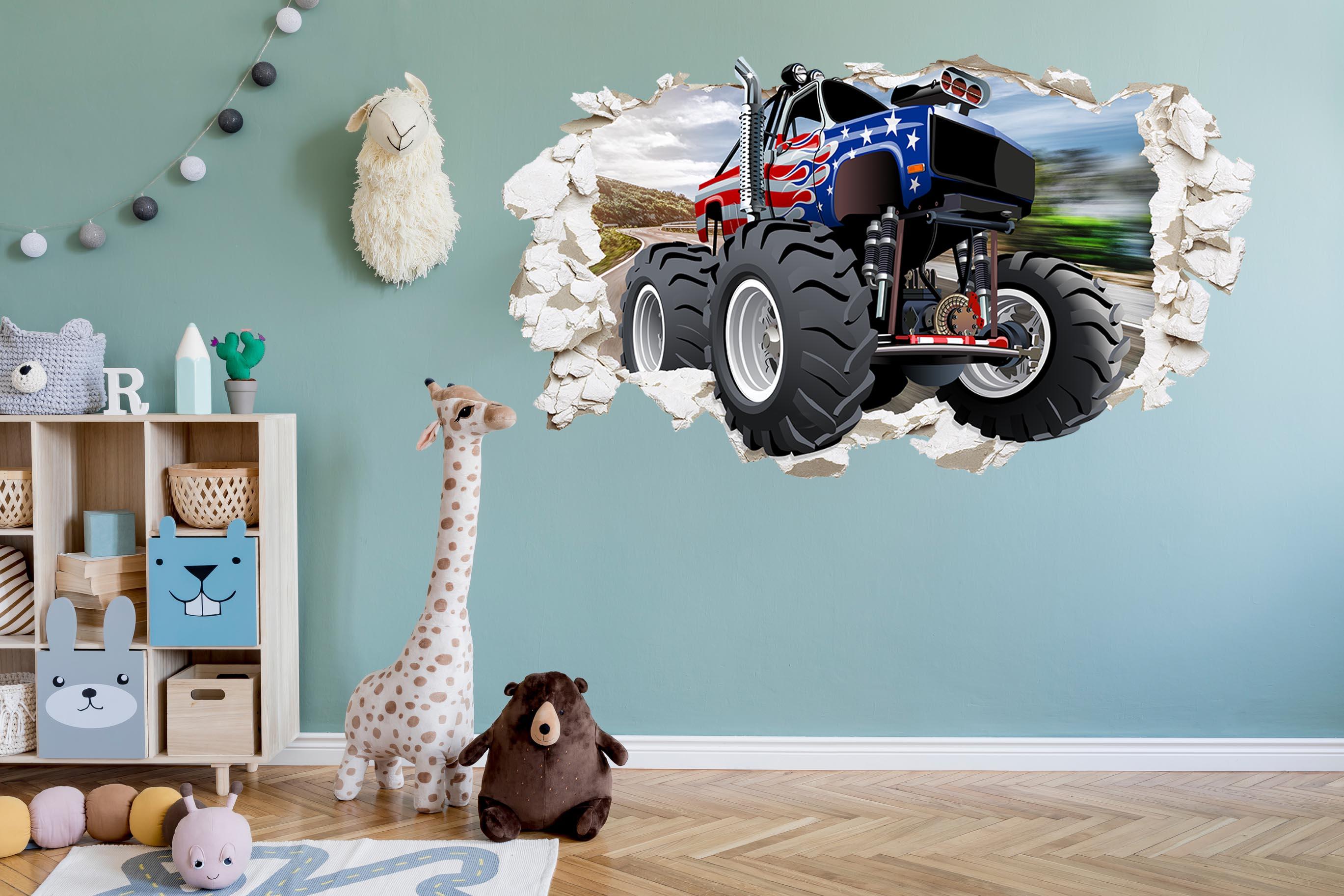 Monster Truck 3D Plaster Wall Hole with American flag, Wall Decal Sticker, Removable 002