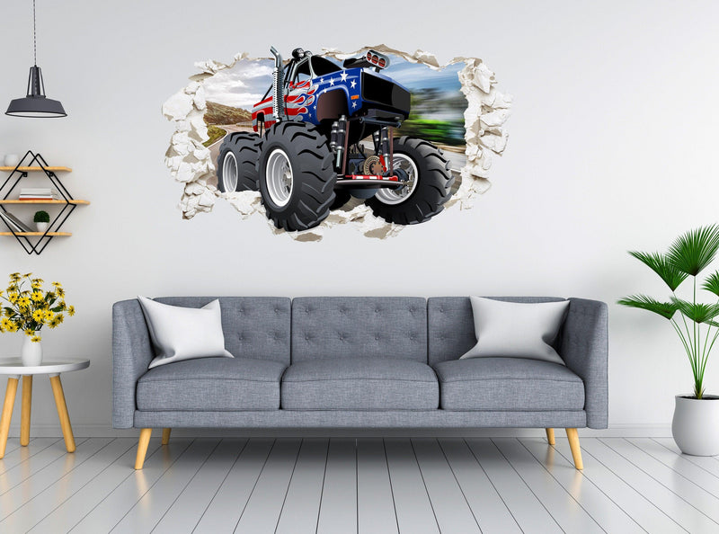 Monster Truck 3D Plaster Wall Hole with American flag, Wall Decal Sticker, Removable 002