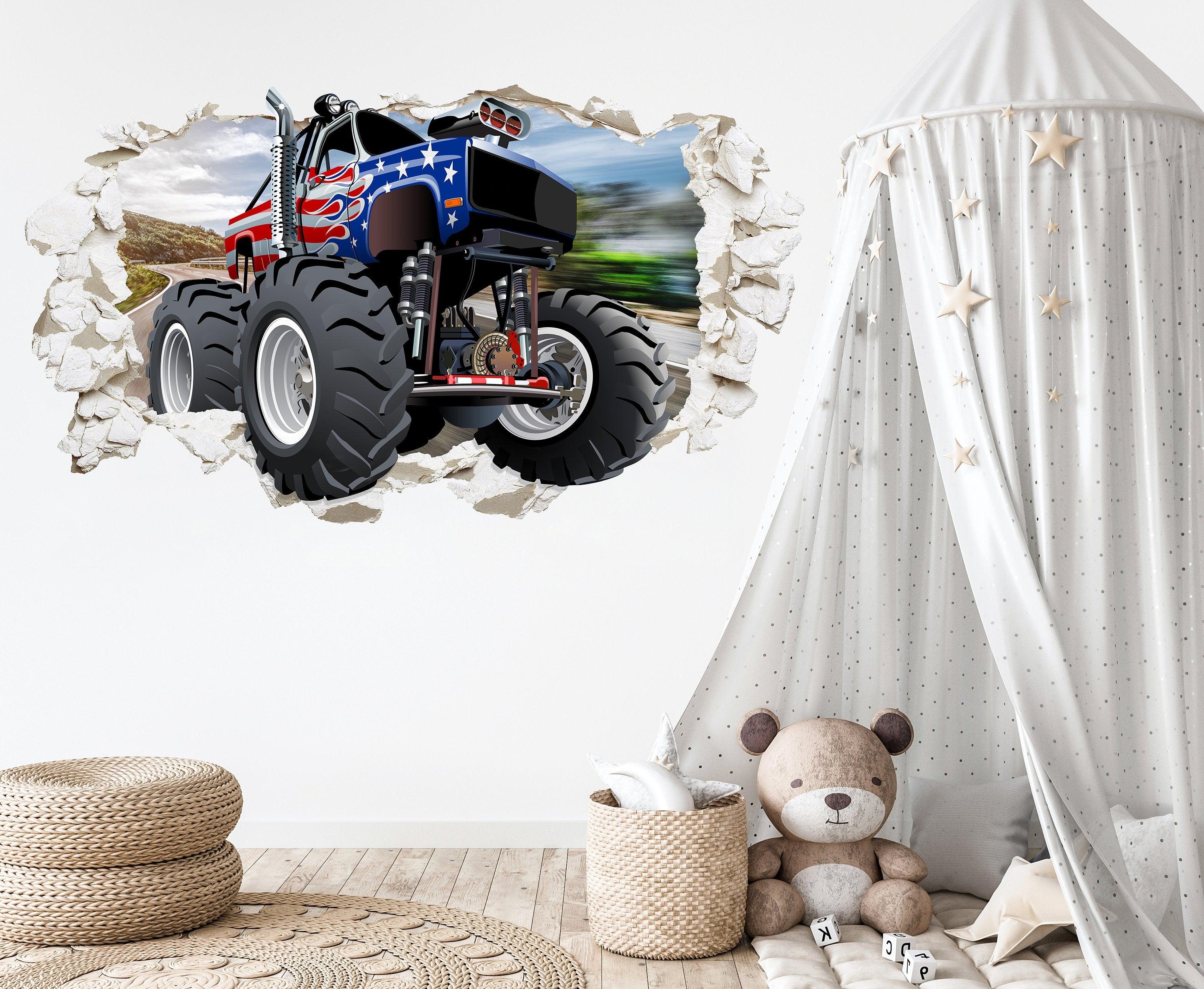 Monster Truck 3D Plaster Wall Hole with American flag, Wall Decal Sticker, Removable 002