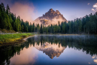 Mountain with lake and road