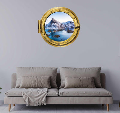 Mountains with Blue lake and a bridge Window #002, Removable wall decal