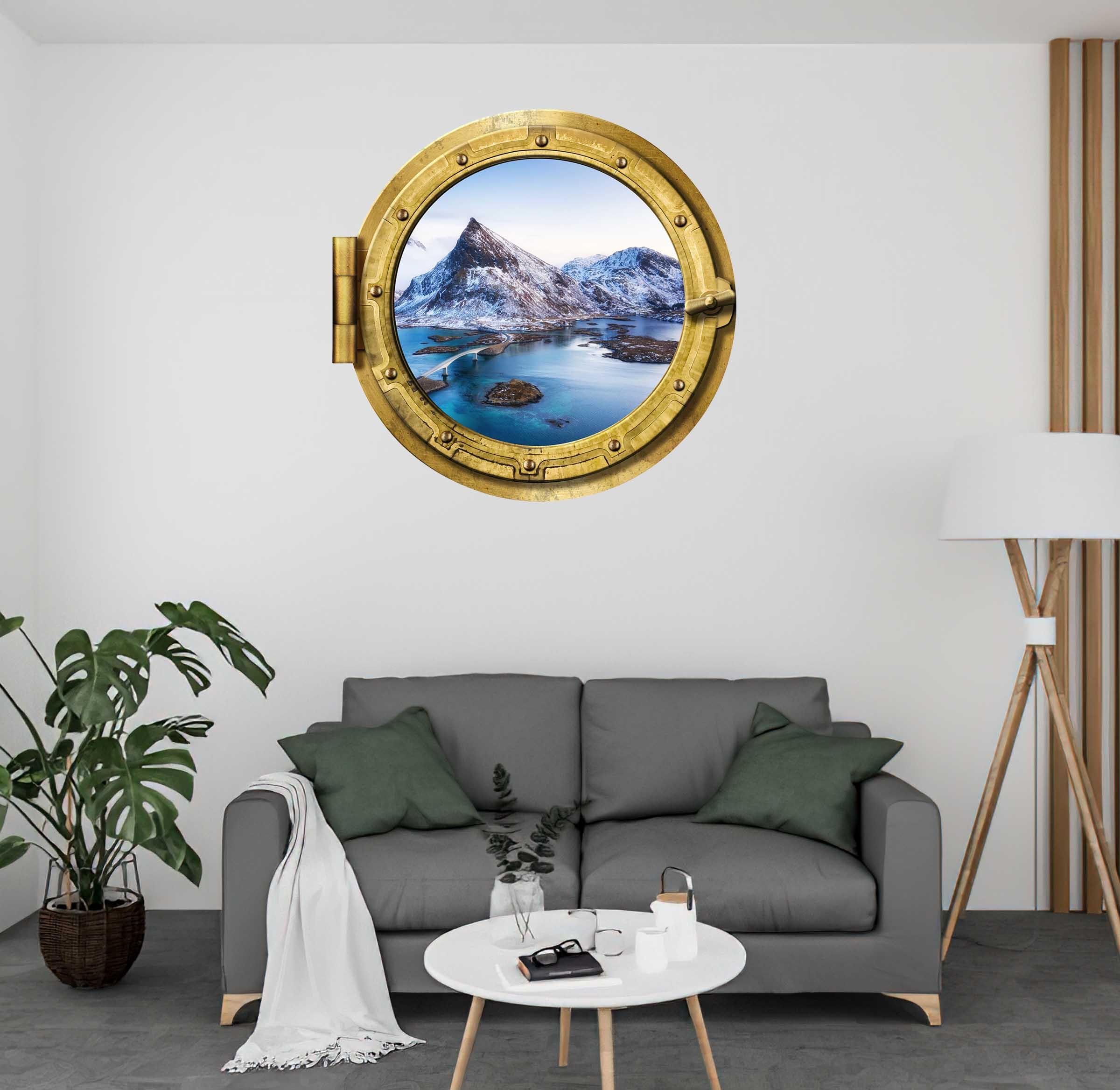 Mountains with Blue lake and a bridge Window #002, Removable wall decal