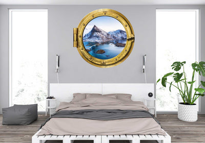 Mountains with Blue lake and a bridge Window #002, Removable wall decal