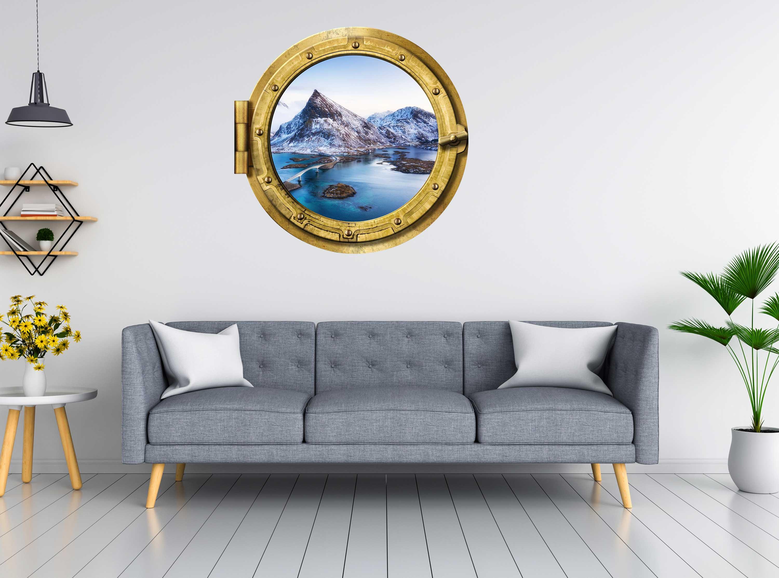 Mountains with Blue lake and a bridge Window #002, Removable wall decal