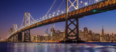 Oakland Bay Bridge at night with Skyline