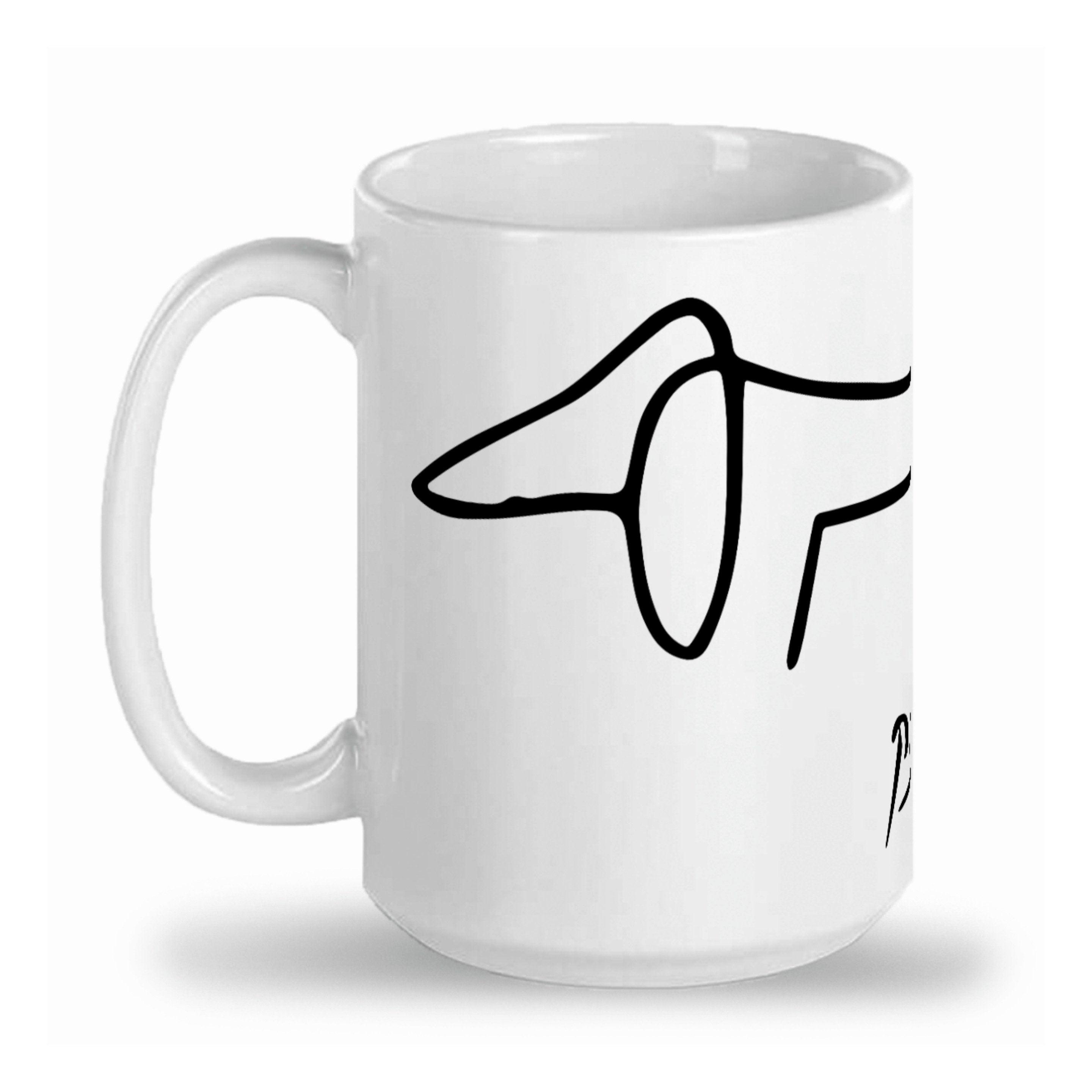 Tall glossy ceramic mug 15 OZ, Picasso dachshund drawing of Lump wrap around