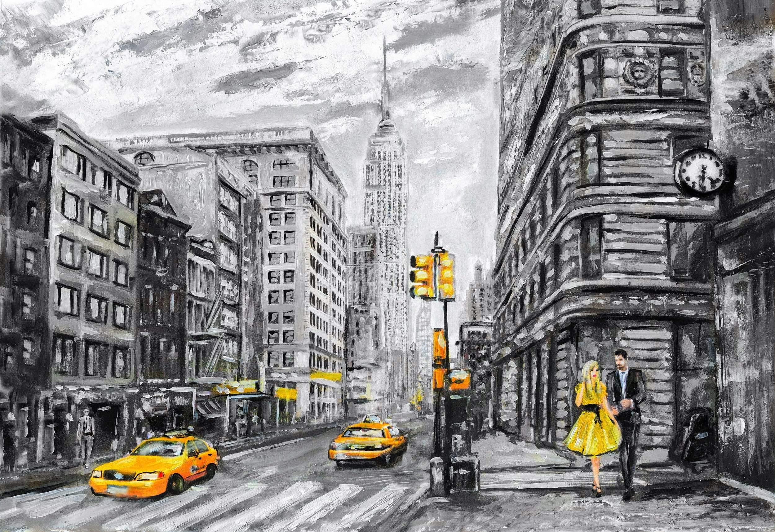 Textured Oil Painting NYC with Yellow cabs