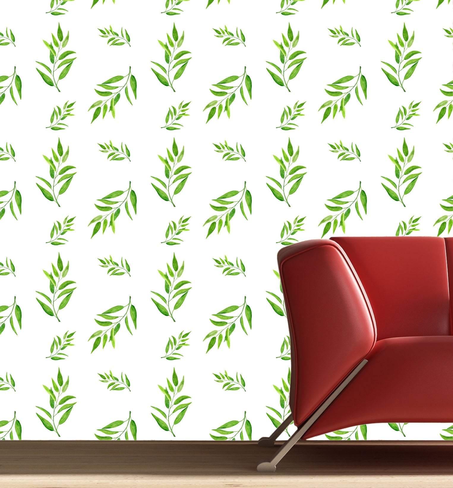 Wallpaper Pattern of green leaves | Removable Wallpaper | Peel-N-Stick | Seamless Pattern | Removable Fabric