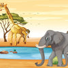 Watering Hole Lion, Giraffe and Elephants.