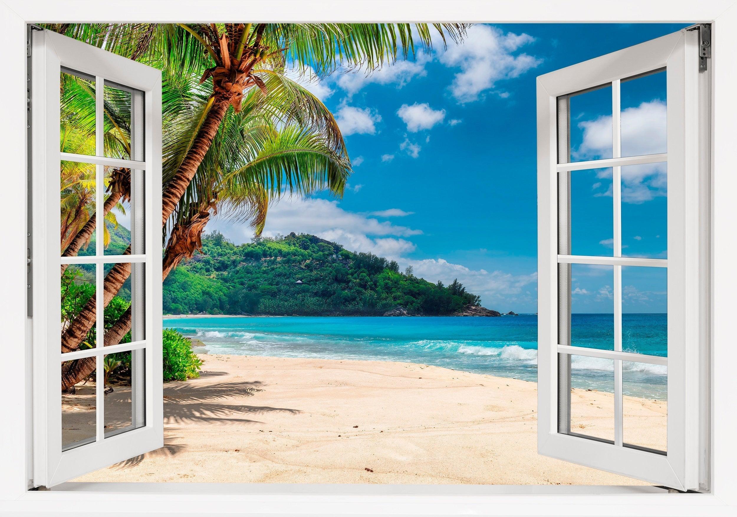 Window Scape Beach Bluewater and sand #16 Window Decal Sticker Sunset Lake Removable Fabric Window Frame Office Bedroom 3D