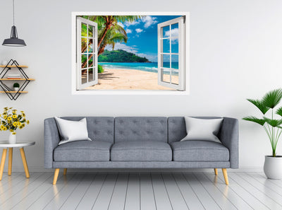 Window Scape Beach Bluewater and sand #16 Window Decal Sticker Sunset Lake Removable Fabric Window Frame Office Bedroom 3D