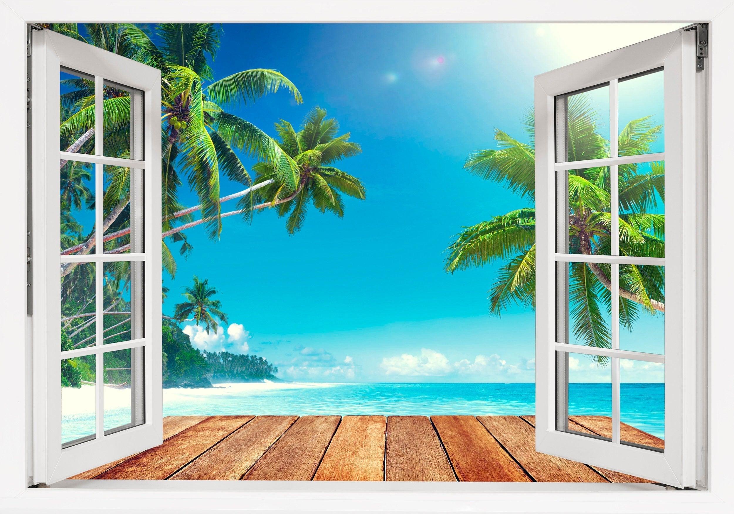 Window Scape Beach Dock Vista #13 Window Decal Sticker Sunset Lake Removable Fabric Window Frame Office Bedroom 3D
