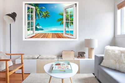 Window Scape Beach Dock Vista #13 Window Decal Sticker Sunset Lake Removable Fabric Window Frame Office Bedroom 3D