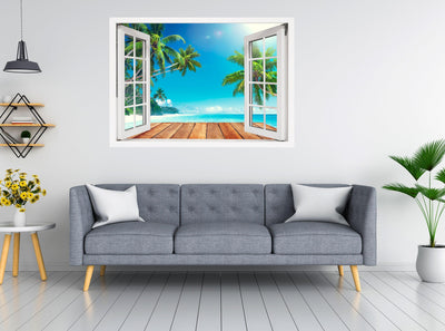 Window Scape Beach Dock Vista #13 Window Decal Sticker Sunset Lake Removable Fabric Window Frame Office Bedroom 3D