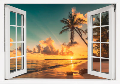 Window Scape Beach Golden Sunset over beach and sand #17, Window Decal, Sticker Sunset, Removable, Fabric, Window Frame, Office,Bedroom, 3D