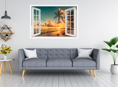 Window Scape Beach Golden Sunset over beach and sand #17, Window Decal, Sticker Sunset, Removable, Fabric, Window Frame, Office,Bedroom, 3D