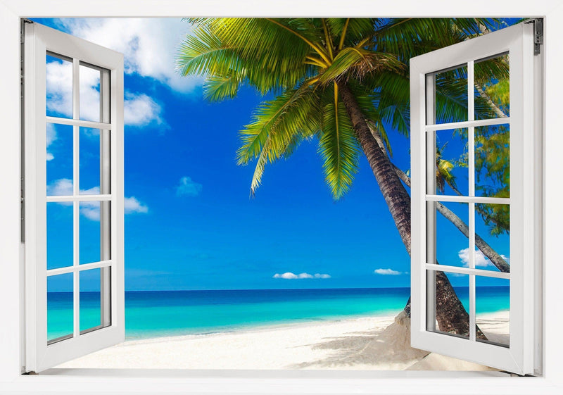 Window Scape Beach Palm Tree over white Sand 