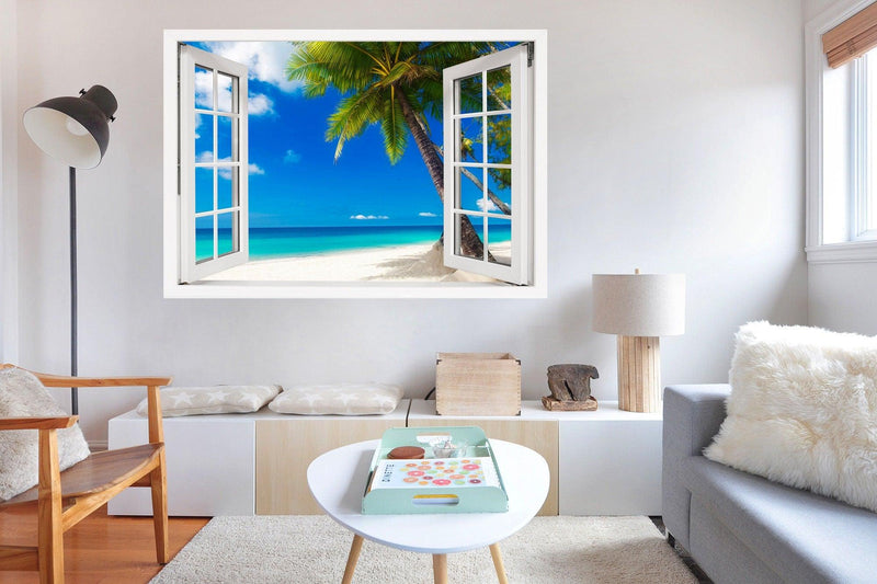 Window Scape Beach Palm Tree over white Sand 