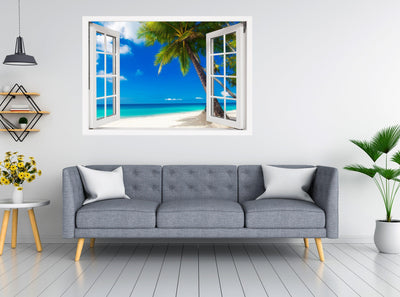 Window Scape Beach Palm Tree over white Sand #25, Window Decal, Sticker Sunset, Removable, Fabric, Window Frame, Office, Bedroom, 3D