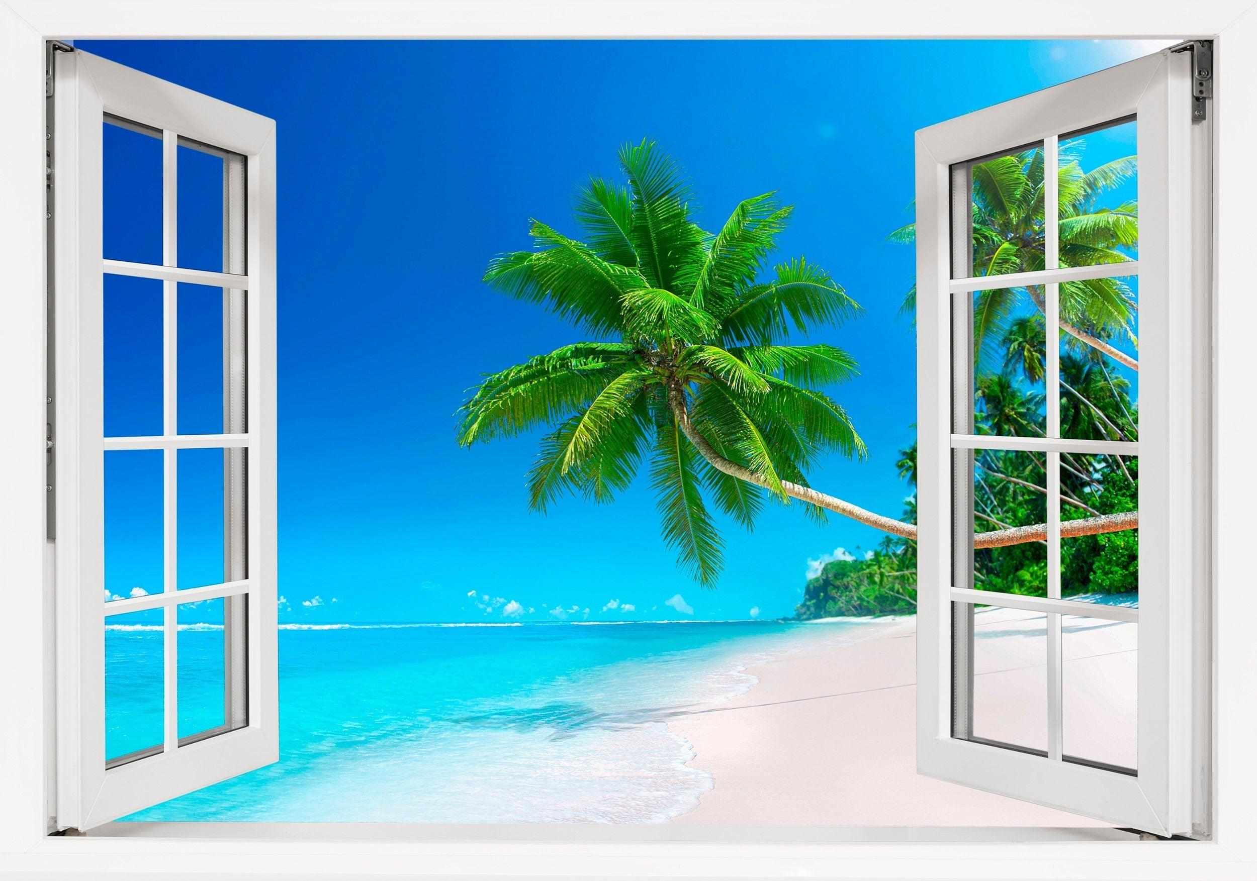 Window Scape Beach Palm Tree over white Sand #26, Window Decal, Sticker Sunset, Removable, Fabric, Window Frame, Office, Bedroom, 3D