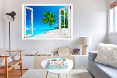 Window Scape Beach Palm Tree over white Sand #26, Window Decal, Sticker Sunset, Removable, Fabric, Window Frame, Office, Bedroom, 3D