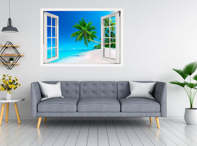 Window Scape Beach Palm Tree over white Sand #26, Window Decal, Sticker Sunset, Removable, Fabric, Window Frame, Office, Bedroom, 3D