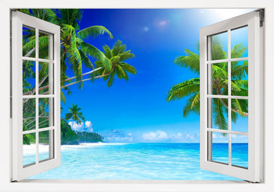 Window Scape Beach Palm Tree over white Sand #27, Window Decal, Sticker Sunset, Removable, Fabric, Window Frame, Office, Bedroom, 3D