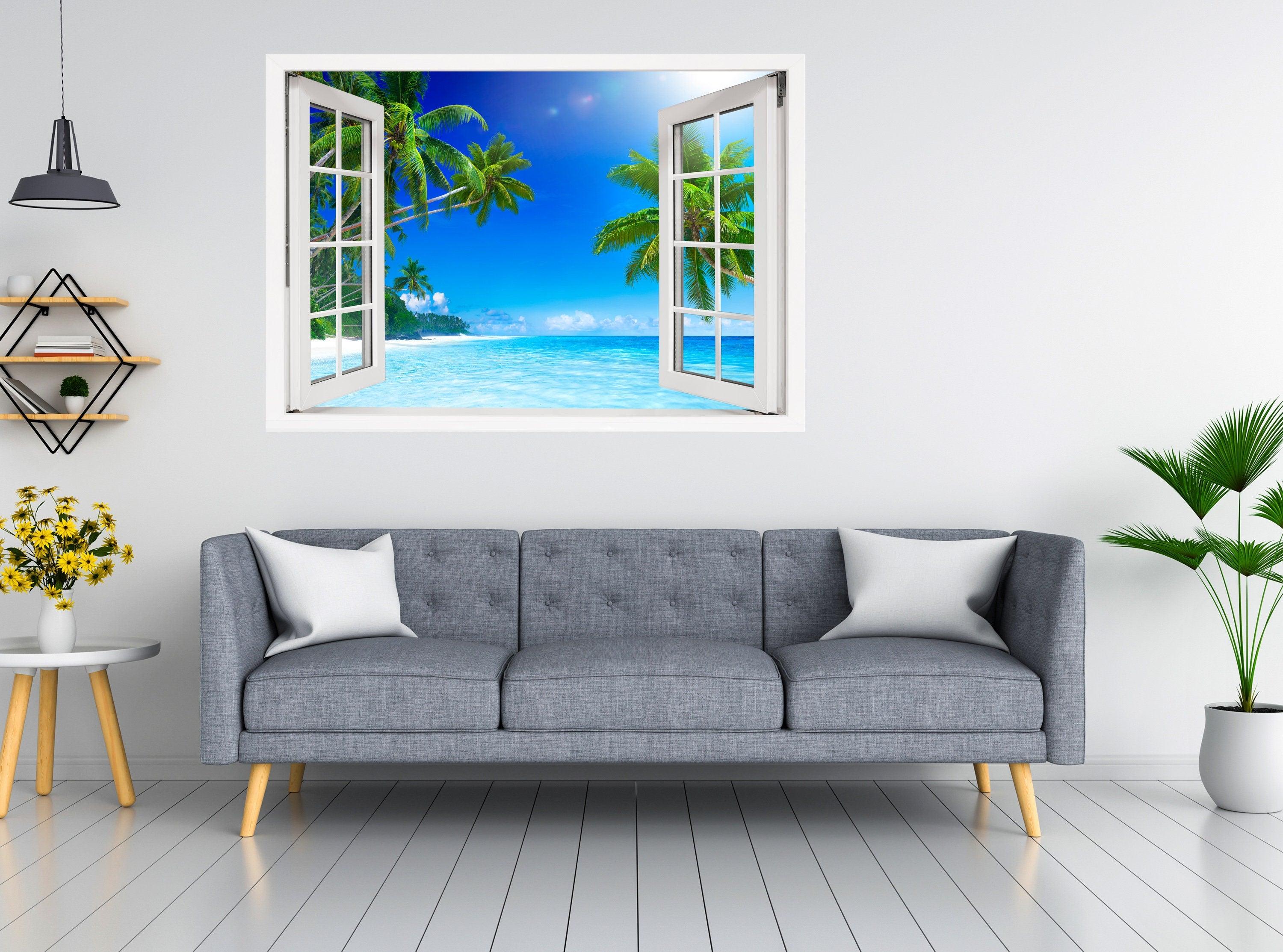 Window Scape Beach Palm Tree over white Sand #27, Window Decal, Sticker Sunset, Removable, Fabric, Window Frame, Office, Bedroom, 3D
